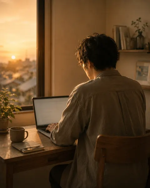 個人開発者の後ろ姿。窓辺の机でノートPCに向かう