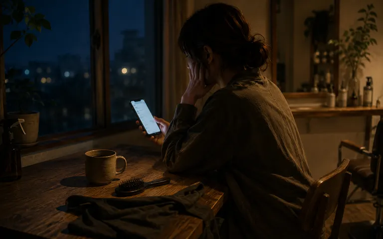 深夜、スマホの光が顔を照らす美容師。冷めたコーヒー