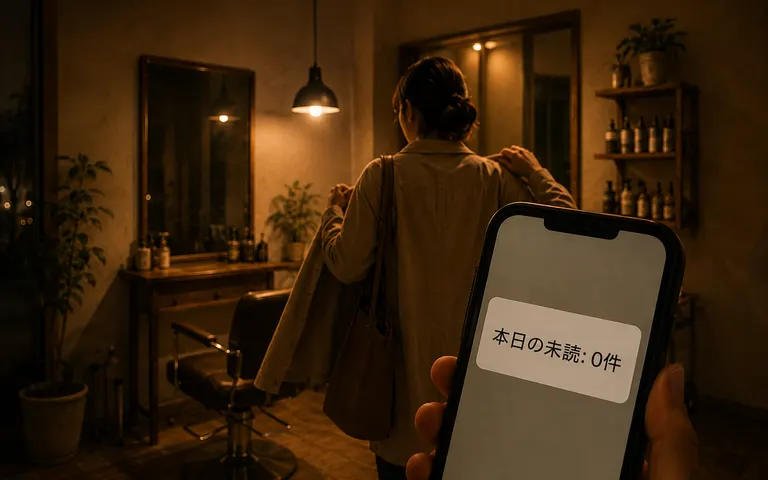 営業終わりの店舗で、未読0件の通知を見る美容師